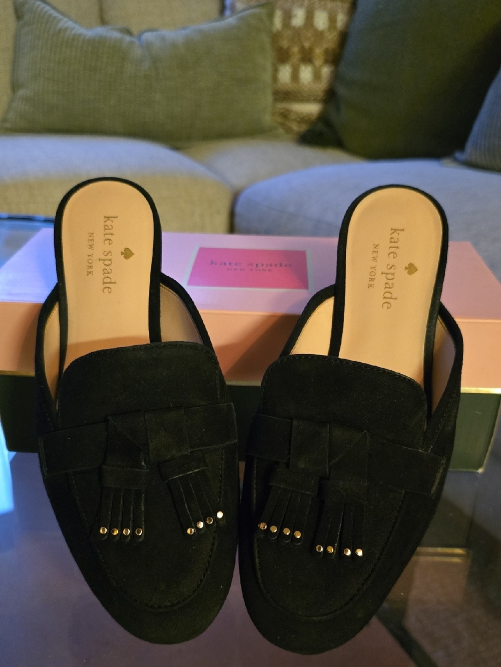 Kate Spade Berkeley Black Suede Tassel Mule Loafers Size 6.5